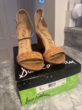 Sam Edelman Yaro Cork Ankle-Strap Block Heel in Natural Tan